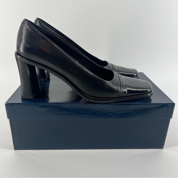 Joan & David Square Toe Block Heel Size 7.5 Black Leather Pumps - Picture 4 of 7